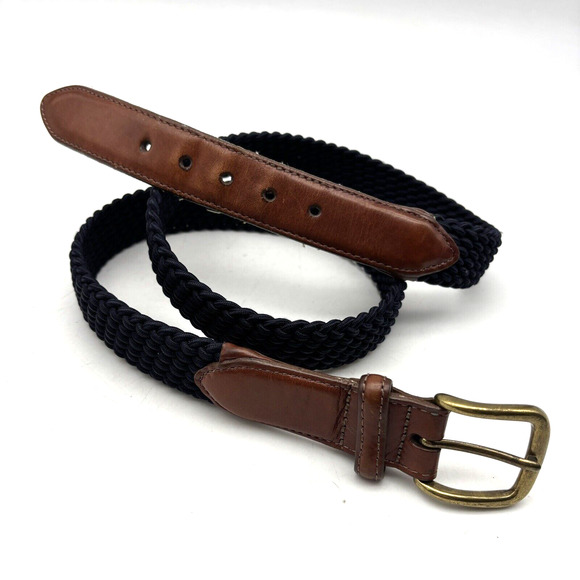 1995 Land's End 37866 Navy Blue Stretch Brown Leather Brass Buckle Belt Men's 38 - Picture 16 of 16
